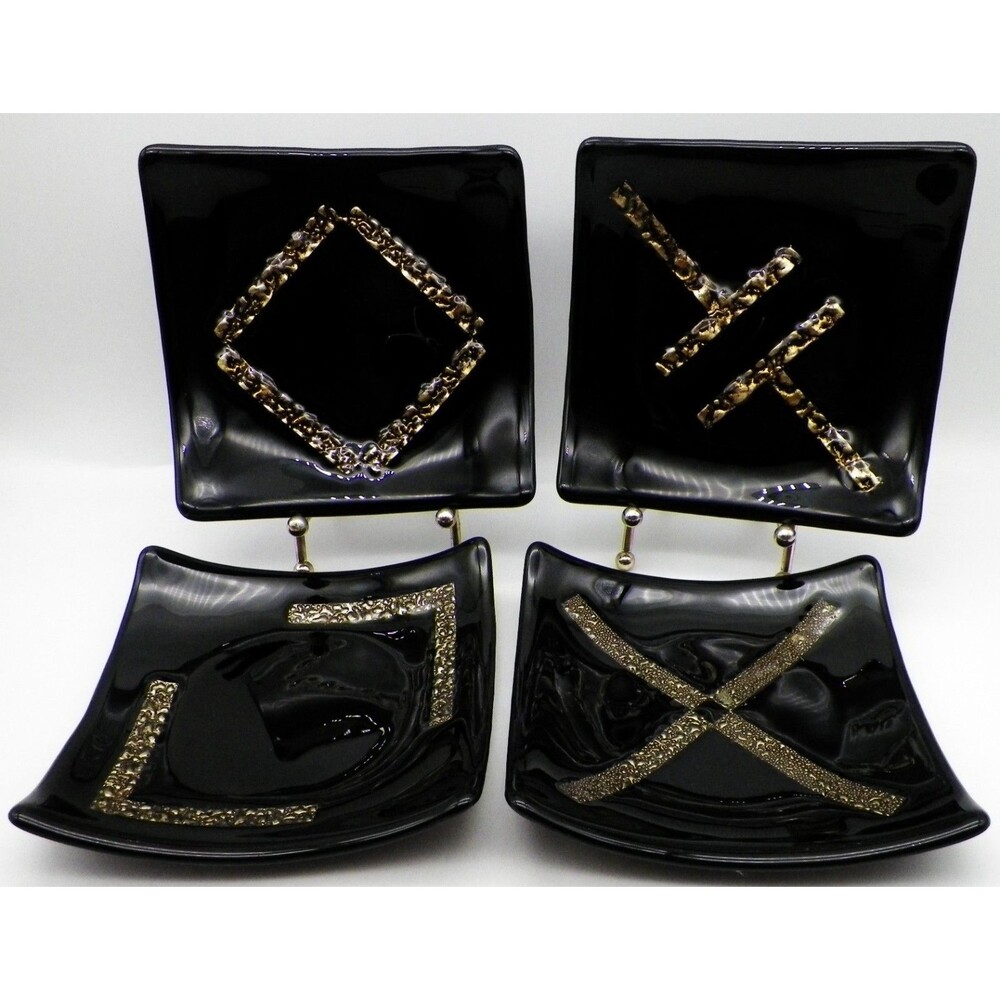 Square Black Fused Glass Plates with Metallic Gold Dichroic Glass Accents MCM 6"